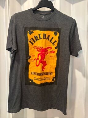 Fireball Cinnamon Whisky Graphic Tee - Grey with Yellow & Red Print Size Medium